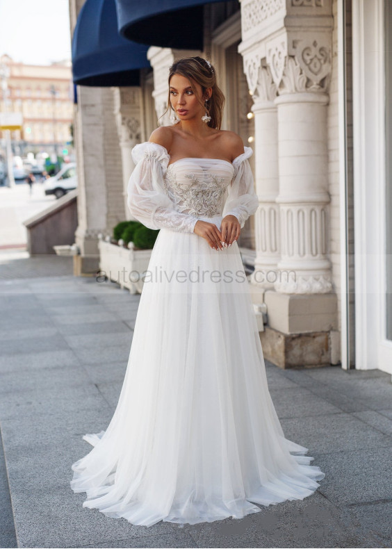 Off Shoulder Beaded Lace Satin Wedding Dress